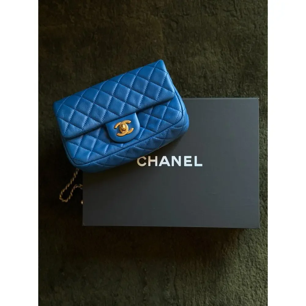 Chanel 22B Blue Lambskin Mini Square Pearl Crush Flap Bag Full Set-microchip